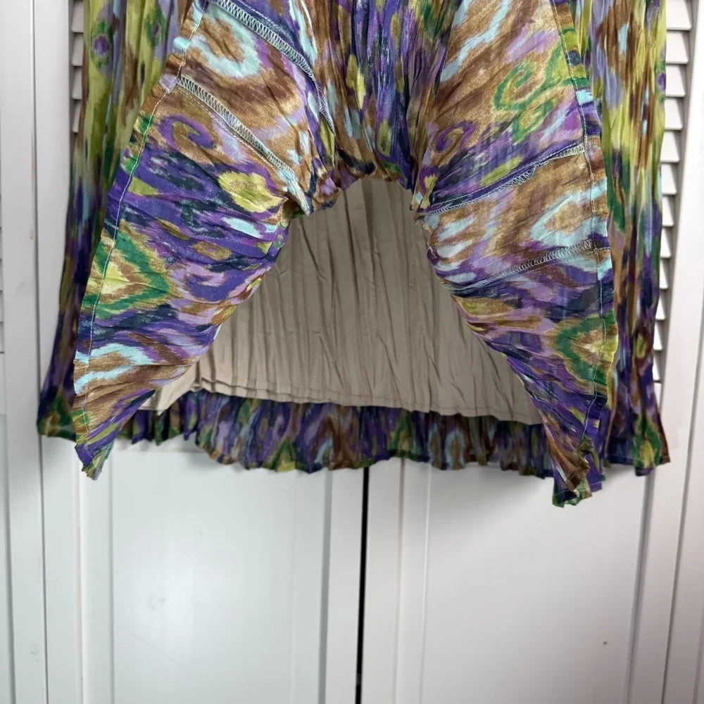 Chico's Pleated Crinkle Broomstick Pull-On Maxi Skirt Abstract Peacock Size 1